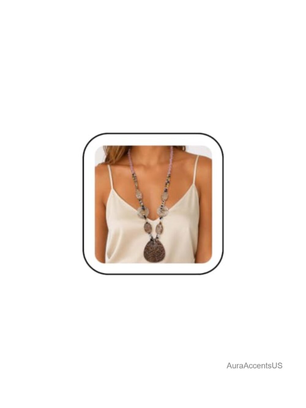 Boho Long Statement Necklace Resin Textured Disc Pendant Women